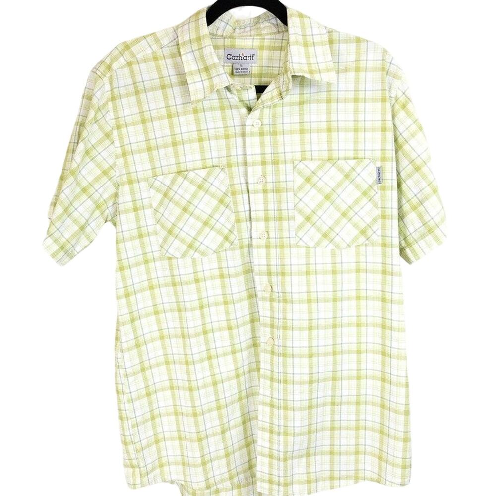 Carhartt Short Sleeve Men's Shirt, Green White Plaid, Large
